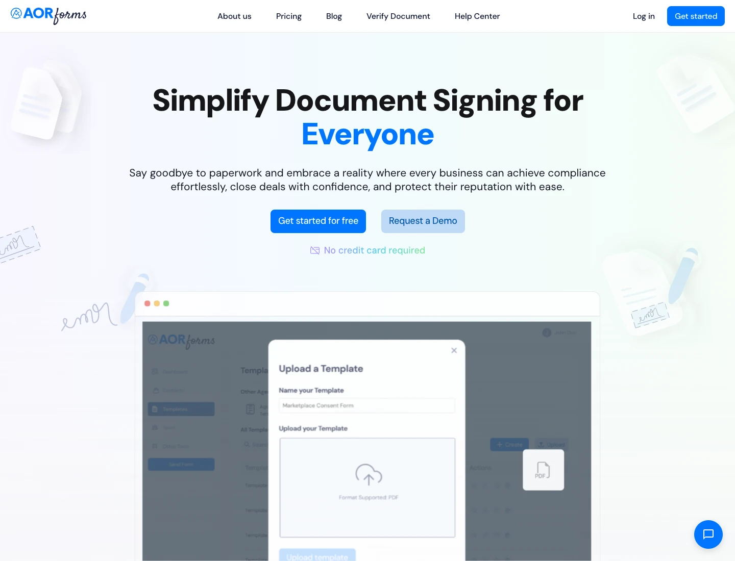 AorForms public product page showing template upload workflow
