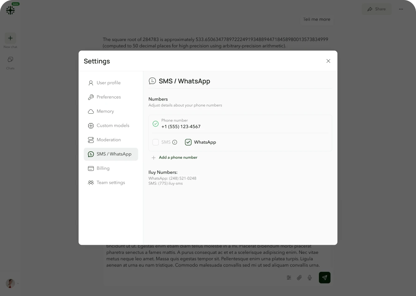 Iluy SMS and WhatsApp settings